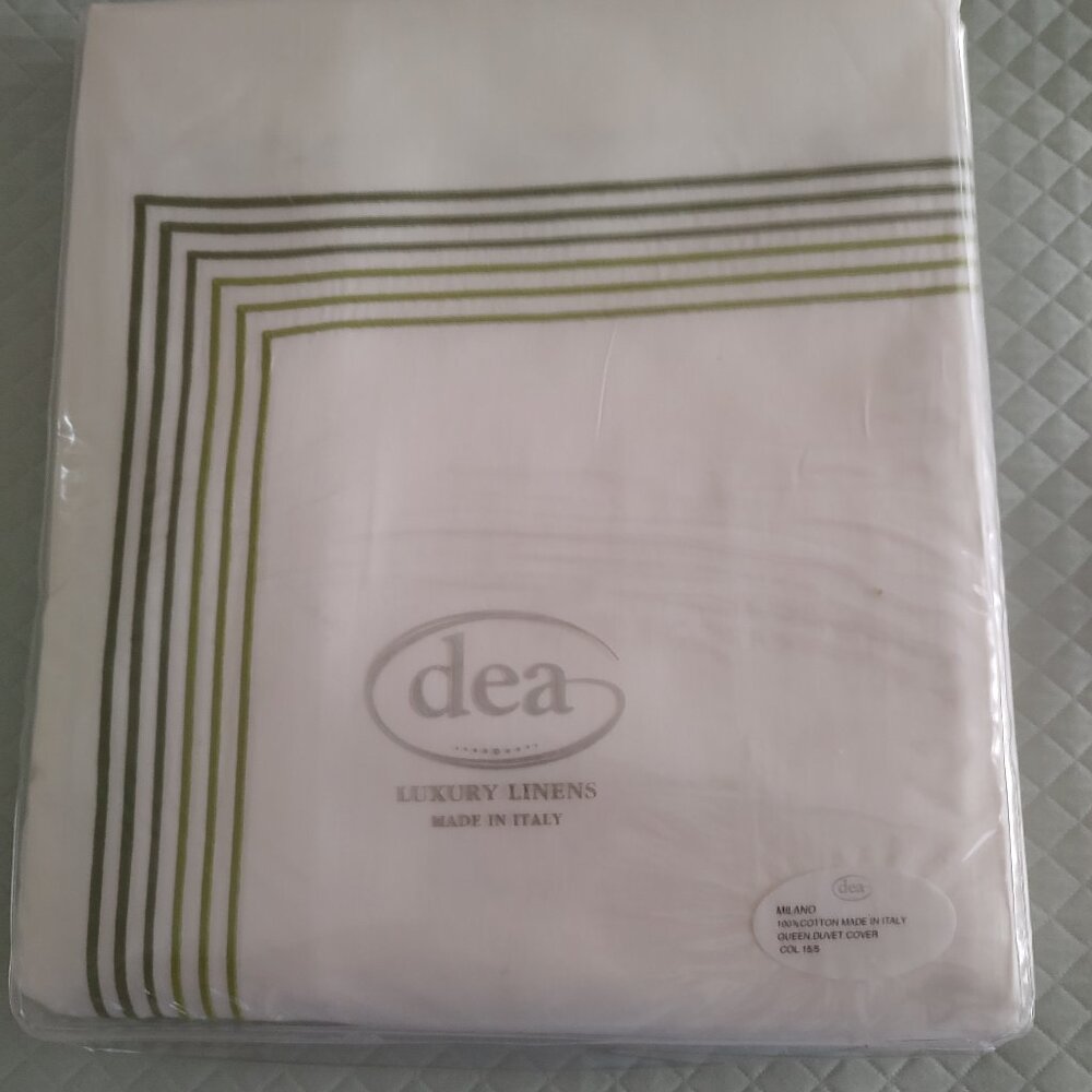 DEA QUEEN DUVET IVORY/GREEN 6-LINE EMBROIDERY 100% EGYPTIAN COTTON SATEEN NWT